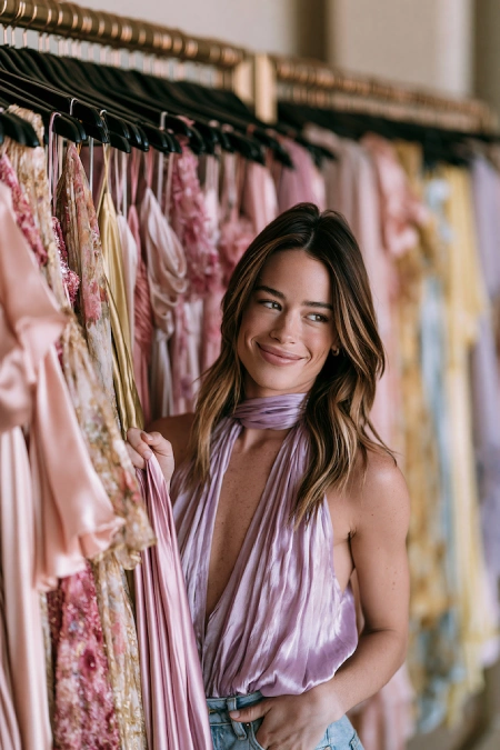 Bride-to-be in a lilac satin halter top and jeans browsing a rack of pastel dresses while shopping for her rehearsal dinner