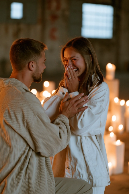 Proposal Ideas: 40 Ways to Pop the Question She'll Never Stop Talking About 12 Man proposing in a candlelit room as smiling woman covers her face in surprise with engagement ring sparkling on her hand