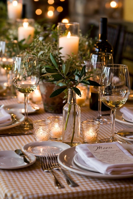 Rehearsal Dinner Centerpieces That Understood the Assignment: Easy Ideas for the Night Before the Big Night 3 Candlelit rehearsal dinner table with olive branches, wine glasses, and cozy Italian restaurant ambiance