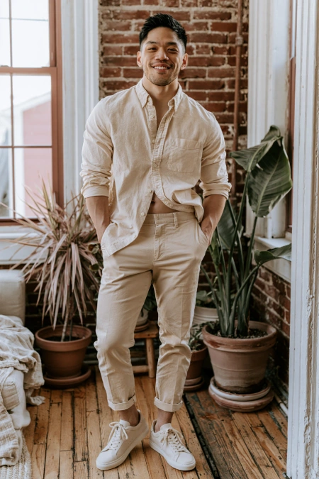 Man in a relaxed monochrome outfit with linen shirt, chinos, and sneakers for casual rehearsal dinner style