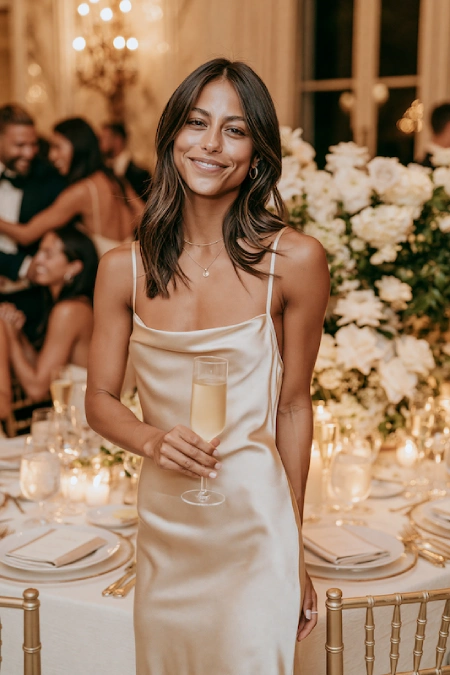 Bride-to-be in a champagne satin slip dress holding a glass of bubbly at an elegant candlelit rehearsal dinner with white roses