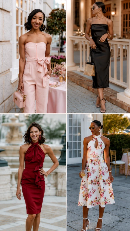 Collage of chic rehearsal dinner outfits featuring jumpsuits, cocktail dresses, and floral midi styles for guests