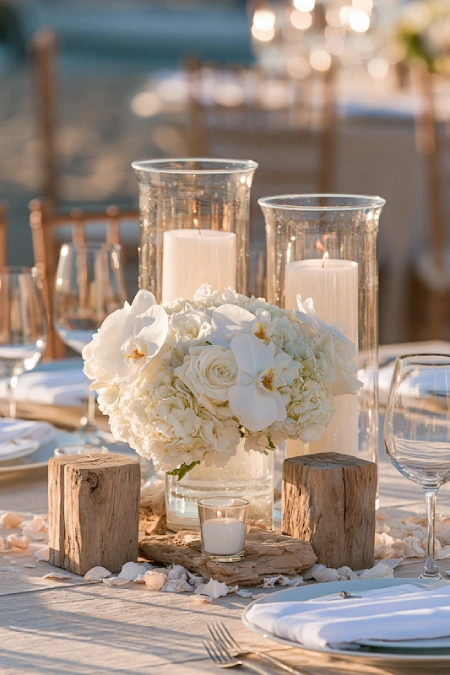Rehearsal Dinner Centerpieces That Understood the Assignment: Easy Ideas for the Night Before the Big Night 7 Coastal rehearsal dinner centerpiece with white florals, driftwood accents, and candlelit beachside elegance
