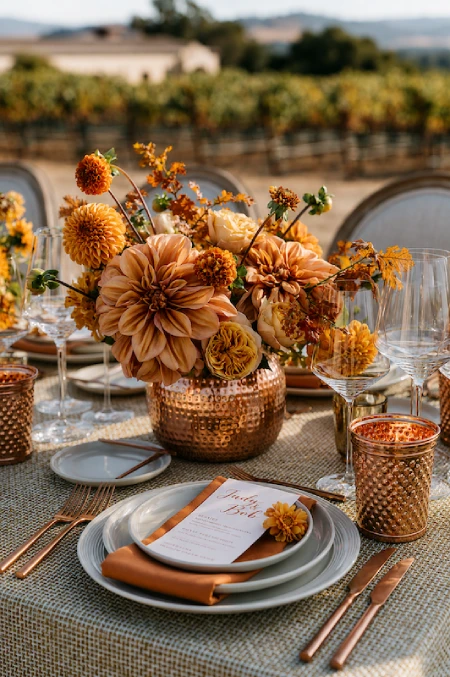Copper vase centerpiece with caramel dahlias, amber blooms, and vineyard views on an elegant fall wedding reception table