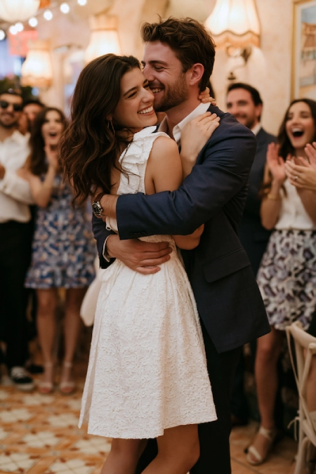 Smiling couple embracing at their rehearsal dinner, bride-to-be in a white ruffled mini dress as guests cheer around them