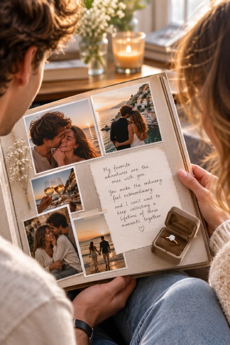 Proposal Ideas: 40 Ways to Pop the Question She'll Never Stop Talking About 9 Couple looking through a photo album with romantic snapshots, handwritten love note, and diamond engagement ring