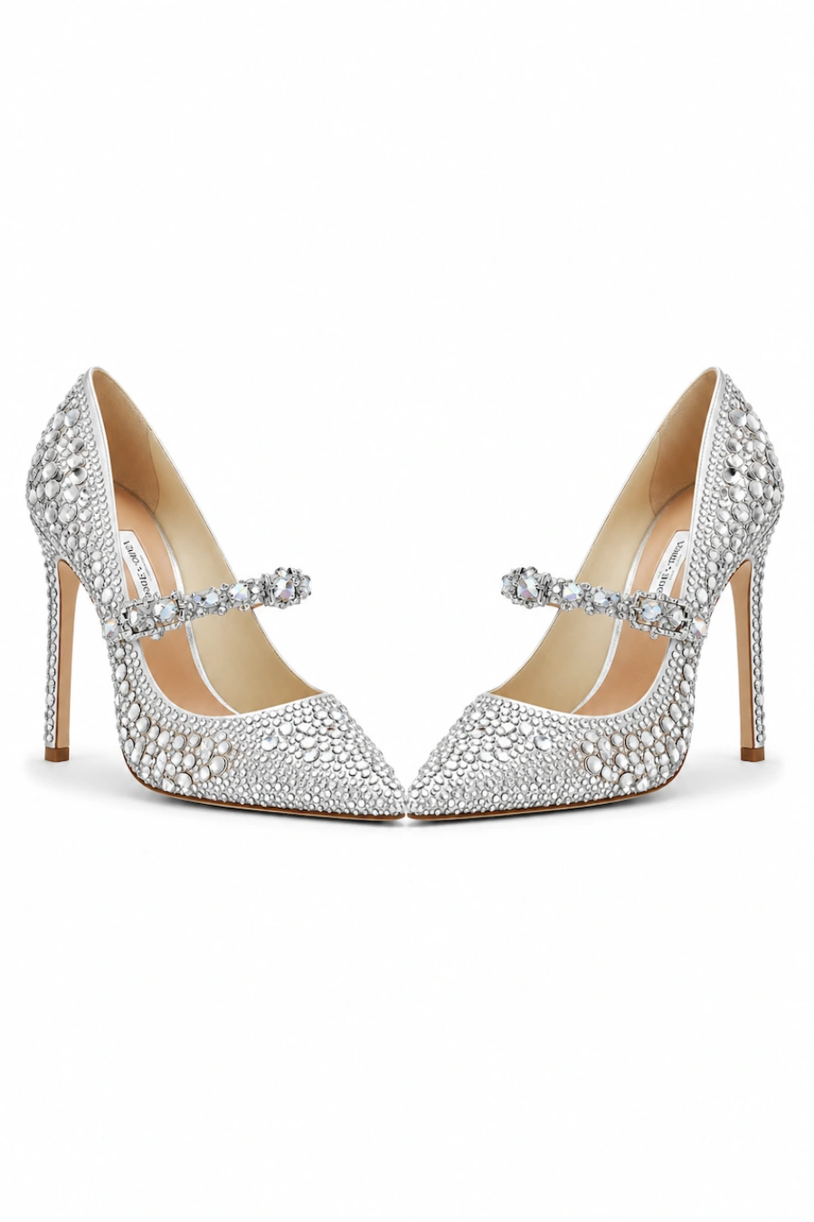Wedding Shoes for the Bride: 27 Beautiful Ideas That Balance Style and Comfort 5 Crystal embellished bridal Mary Jane pumps with pointed toes, sparkling rhinestones, and slim heels on a white background