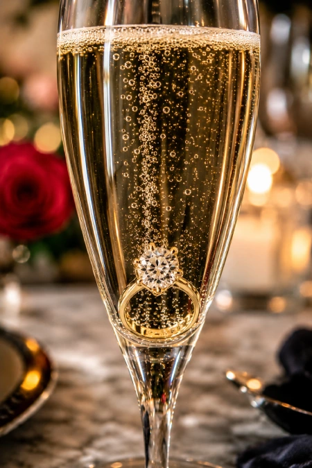 Proposal Ideas: 40 Ways to Pop the Question She'll Never Stop Talking About 15 Diamond engagement ring inside a champagne flute filled with sparkling wine, surrounded by romantic candlelight and soft bokeh