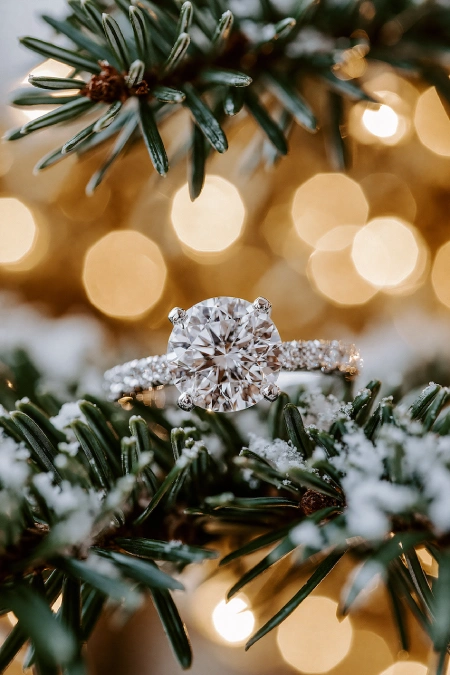 Proposal Ideas: 40 Ways to Pop the Question She'll Never Stop Talking About 13 Round diamond engagement ring nestled on snow-dusted evergreen branches with warm holiday lights glowing in the background