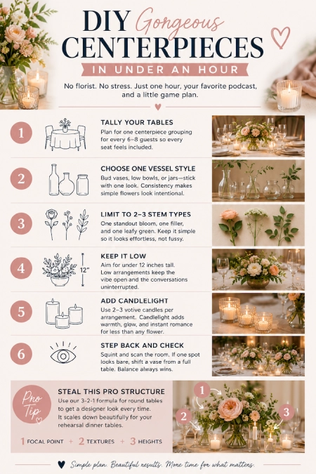 Rehearsal Dinner Centerpieces That Understood the Assignment: Easy Ideas for the Night Before the Big Night 9 Infographic showing six simple steps for creating DIY wedding centerpieces in under an hour at home