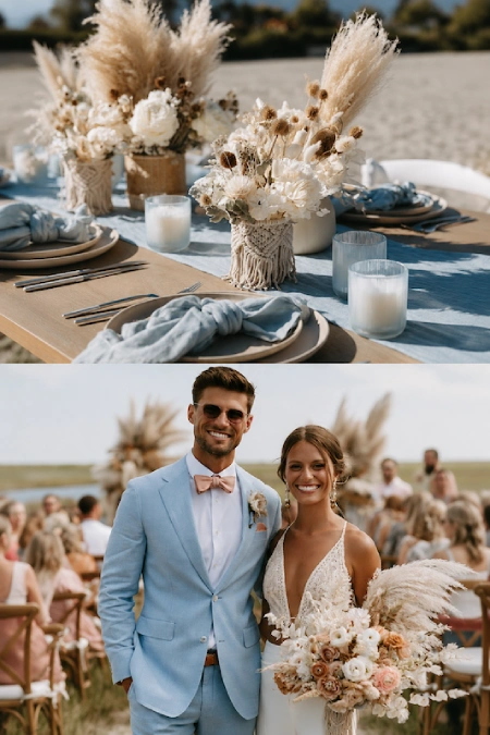 Dusty Blue and Sage Green Wedding Decor: The Color Pairing That Has Brides Completely Obsessed Right Now 10 Beach wedding tablescape and couple in dusty blue attire with pampas grass, soft florals, and relaxed coastal boho décor.