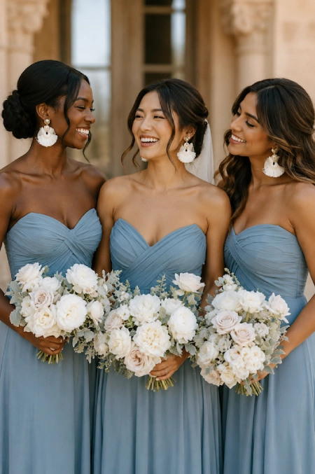 Dusty Blue and Sage Green Wedding Decor: The Color Pairing That Has Brides Completely Obsessed Right Now 8 Three bridesmaids in dusty blue gowns holding white rose bouquets with eucalyptus, smiling together in elegant wedding portraits.