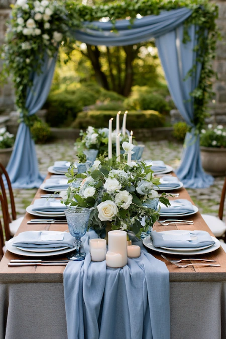 Dusty Blue and Sage Green Wedding Decor: The Color Pairing That Has Brides Completely Obsessed Right Now 12 Outdoor wedding tablescape with dusty blue linens, white florals, candles, and a greenery ceremony arch draped in blue fabric.