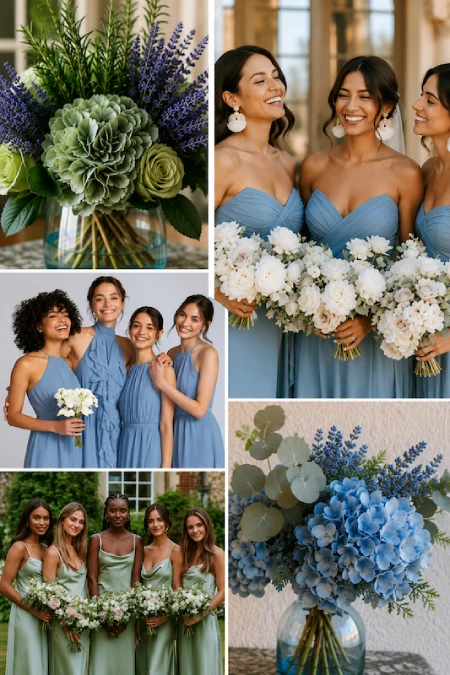 Dusty Blue and Sage Green Wedding Decor: The Color Pairing That Has Brides Completely Obsessed Right Now 9 Collage of dusty blue and sage green wedding bouquets and diverse bridesmaids showcasing elegant florals and modern bridal style.