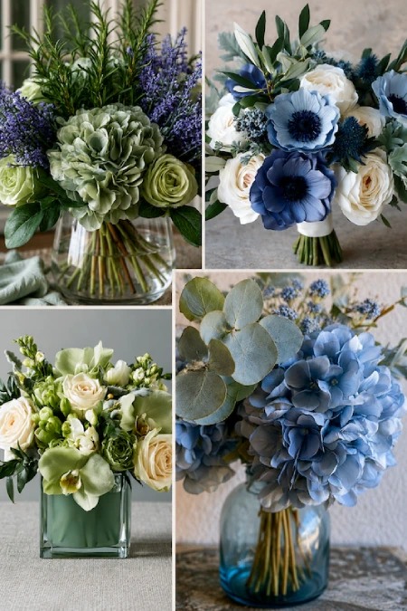 Dusty Blue and Sage Green Wedding Decor: The Color Pairing That Has Brides Completely Obsessed Right Now 4 Collage of dusty blue, sage green, ivory, and white wedding bouquets featuring hydrangeas, roses, anemones, orchids, and eucalyptus.