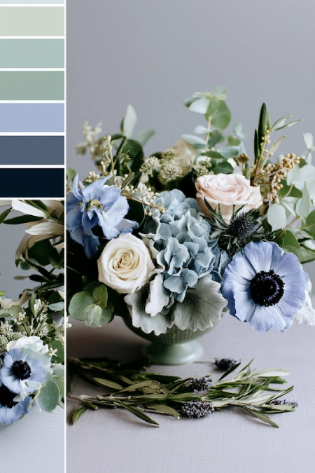 Dusty Blue and Sage Green Wedding Decor: The Color Pairing That Has Brides Completely Obsessed Right Now 2 Dusty blue and sage green wedding color palette with fresh bouquet, floral swatches, eucalyptus, and soft botanical styling.