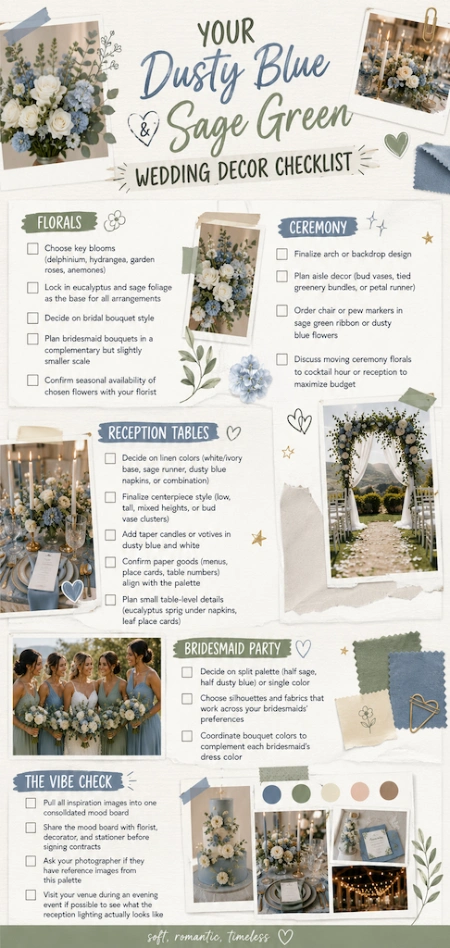 Dusty Blue and Sage Green Wedding Decor: The Color Pairing That Has Brides Completely Obsessed Right Now 16 Dusty blue and sage green wedding decor checklist with floral inspiration, planning tips, and elegant mood board elements.