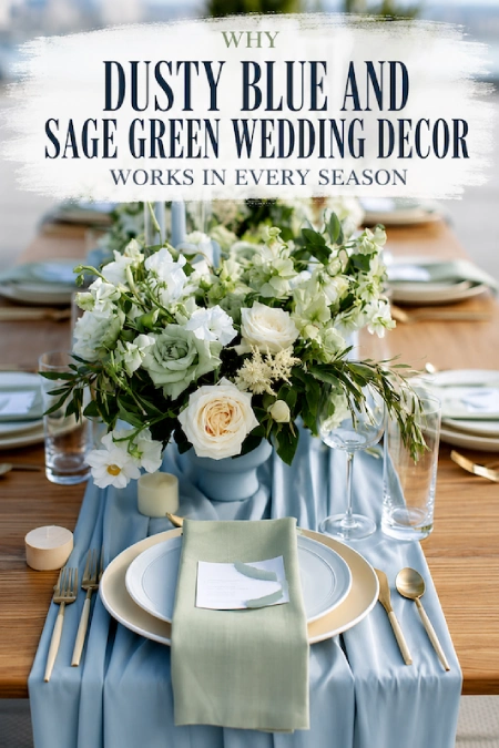 Dusty Blue and Sage Green Wedding Decor: The Color Pairing That Has Brides Completely Obsessed Right Now 15 Dusty blue and sage green wedding tablescape with lush white florals, gold flatware, and elegant seasonal reception decor.