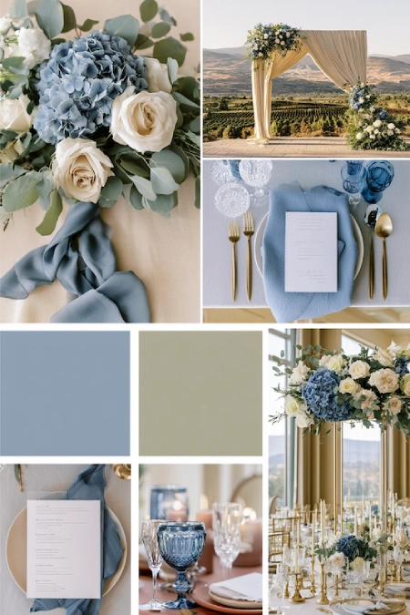 Dusty Blue and Sage Green Wedding Decor: The Color Pairing That Has Brides Completely Obsessed Right Now 14 Dusty blue and sage green wedding mood board with bouquet, ceremony arch, tablescape, florals, and elegant reception details.