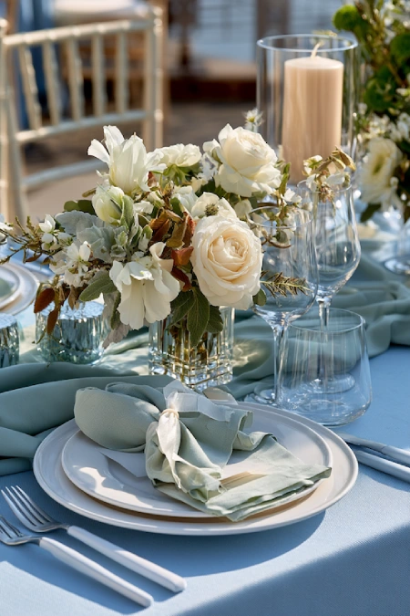 Dusty Blue and Sage Green Wedding Decor: The Color Pairing That Has Brides Completely Obsessed Right Now 1 Elegant dusty blue and sage green wedding place setting with ivory roses, candles, crystal glassware, and soft linen napkin.
