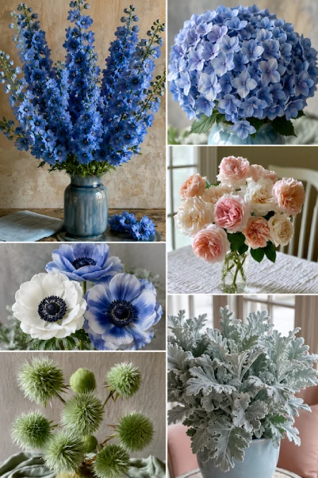 Dusty Blue and Sage Green Wedding Decor: The Color Pairing That Has Brides Completely Obsessed Right Now 3 Collage of dusty blue wedding flowers featuring delphinium, hydrangea, anemones, blush garden roses, and silver foliage.