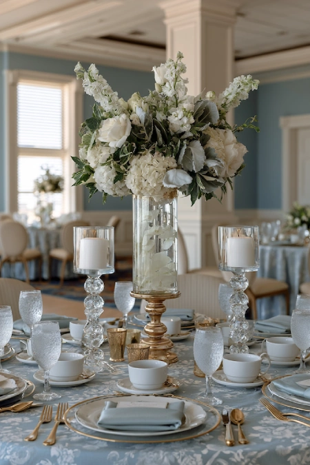 Dusty Blue and Sage Green Wedding Decor: The Color Pairing That Has Brides Completely Obsessed Right Now 13 Elegant wedding reception with dusty blue linens, tall white floral centerpiece, crystal candleholders, and gold flatware.