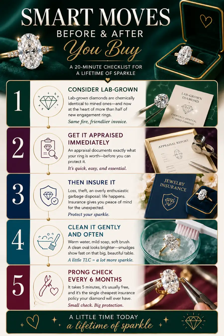 Oval Engagement Ring Obsession: Why This Cut Is Everyone's Main Character Right Now 14 Infographic with five smart engagement ring care tips including lab grown, appraisal, insurance, cleaning, and prong checks
