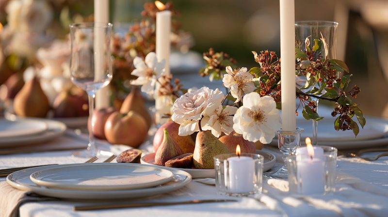 Wedding Decor 3 Fall wedding centerpiece with white blooms, pears, figs, taper candles, and seasonal fruit on an elegant outdoor table