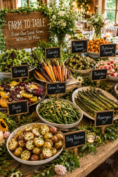 Farm to table wedding buffet with seasonal vegetables, fresh herbs, and locally sourced produce in a rustic reception display