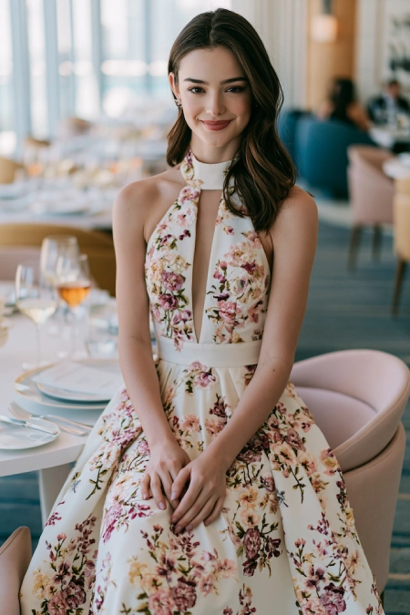 Bride-to-be in a floral halter dress with keyhole neckline seated at an elegant modern restaurant for her rehearsal dinner