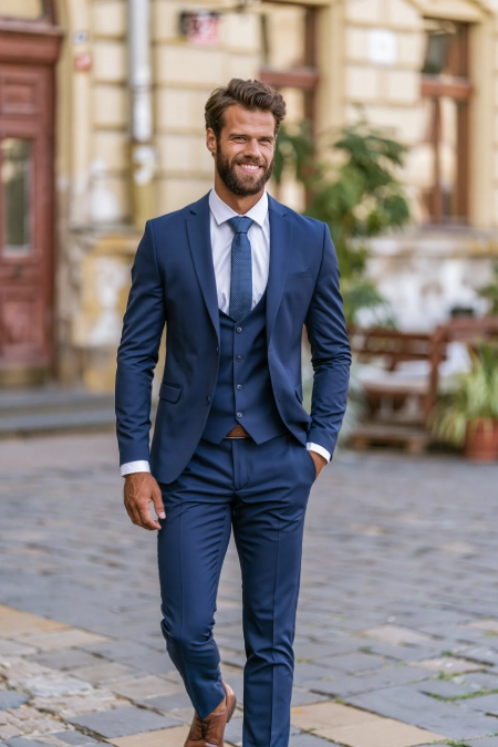 Man in a tailored navy three-piece suit walking through a city square in polished formal rehearsal dinner attire
