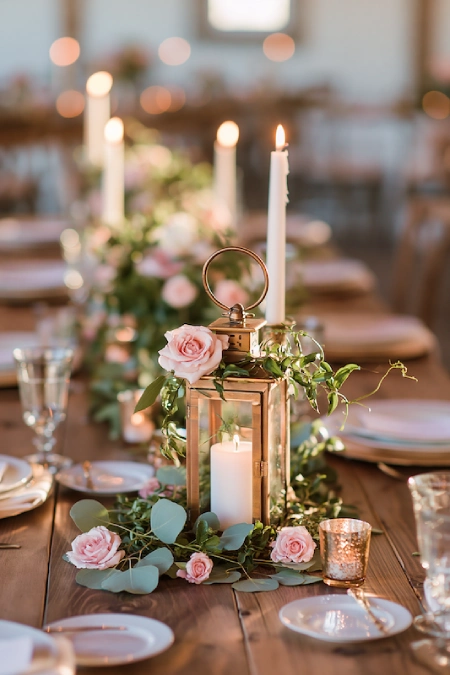 Gold lantern centerpiece with blush roses, eucalyptus, greenery, and taper candles on a romantic rustic wedding table
