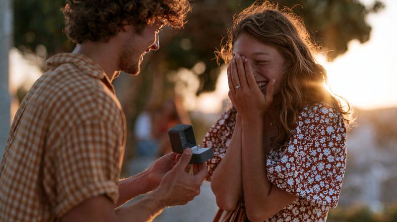 Young couple celebrating a surprise marriage proposal at golden hour as bride-to-be smiles beside an open engagement ring box
