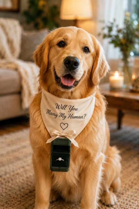 Proposal Ideas: 40 Ways to Pop the Question She'll Never Stop Talking About 10 Golden retriever wearing a "Will You Marry My Human?" bandana with an open engagement ring box in a cozy living room