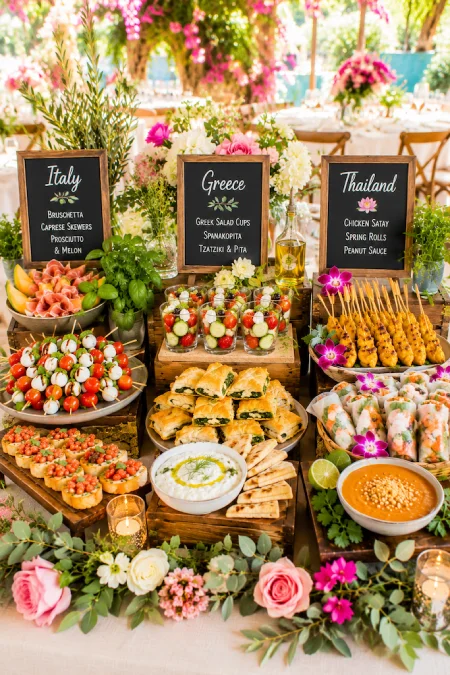 International wedding tasting stations with Italian, Greek, and Thai appetizers for a colorful multicultural reception buffet