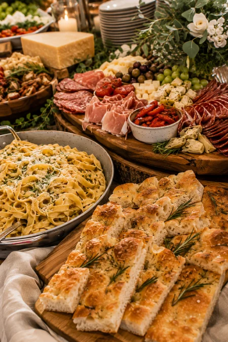 Wedding buffet with creamy pasta, focaccia, charcuterie board, cheeses, and artisan breads for an elegant Italian reception