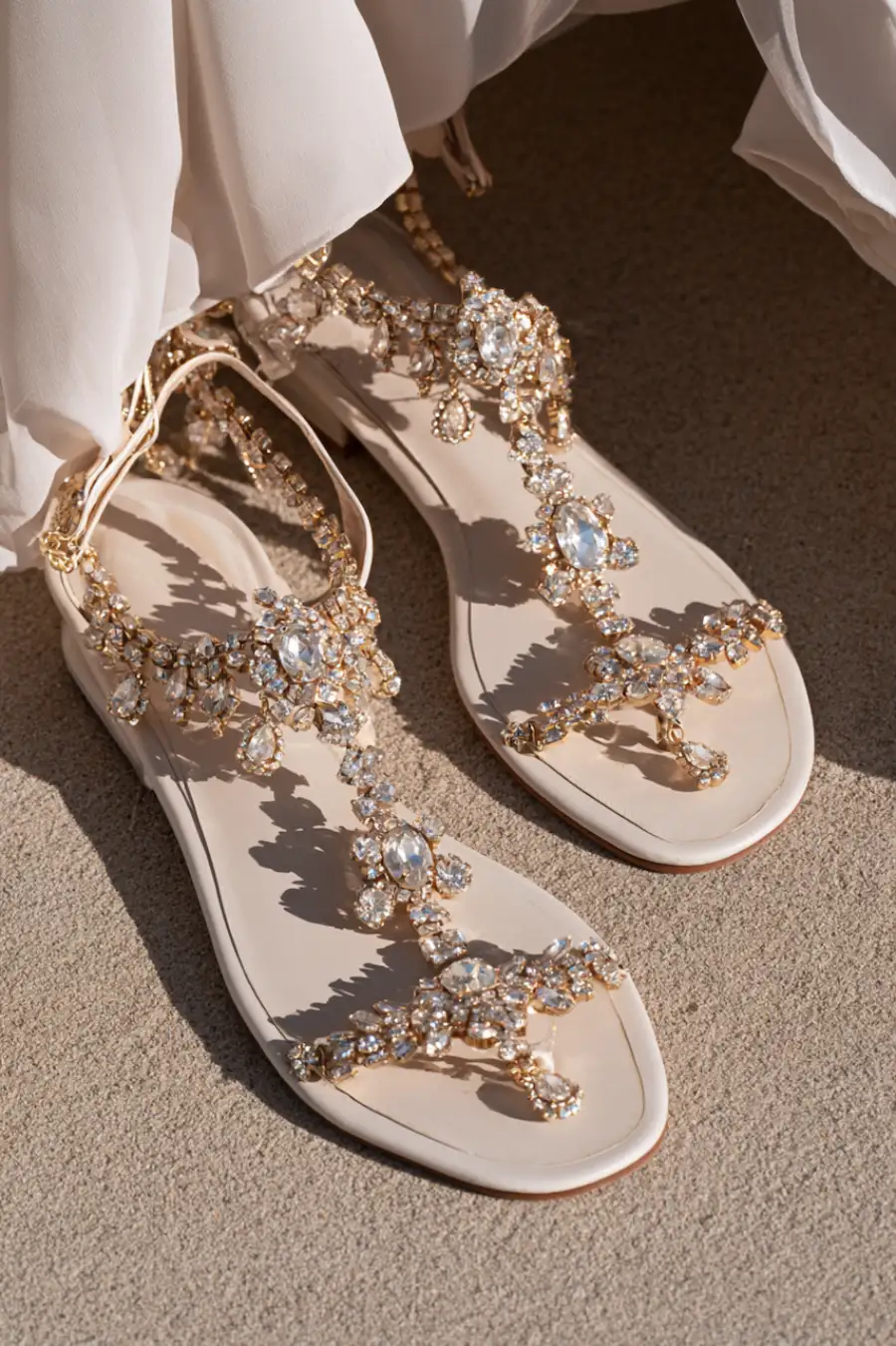 Wedding Shoes for the Bride: 27 Beautiful Ideas That Balance Style and Comfort 27 Ivory bridal flat sandals with gold crystal embellishments and jeweled T-straps styled beneath a flowing wedding dress