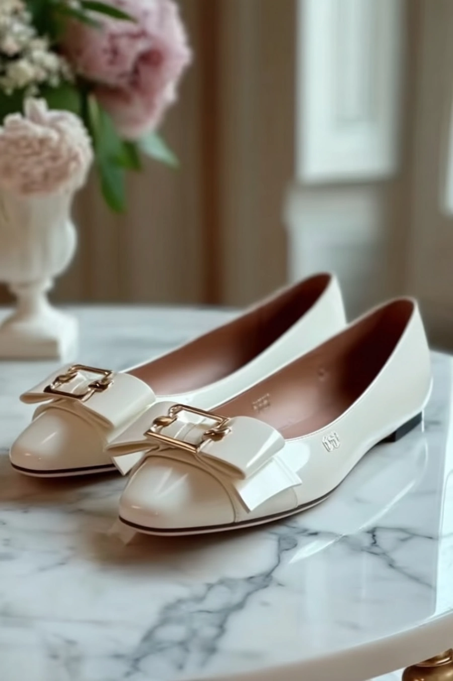 Wedding Shoes for the Bride: 27 Beautiful Ideas That Balance Style and Comfort 16 Ivory bridal flats with oversized buckle bows and square toes styled on marble beside blush flowers for elegant wedding prep