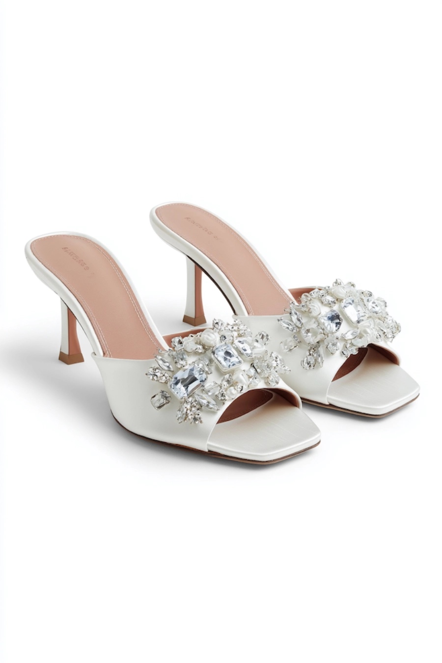 Wedding Shoes for the Bride: 27 Beautiful Ideas That Balance Style and Comfort 20 Ivory bridal mule heels with square toes and sparkling crystal floral embellishments on white for glamorous wedding style
