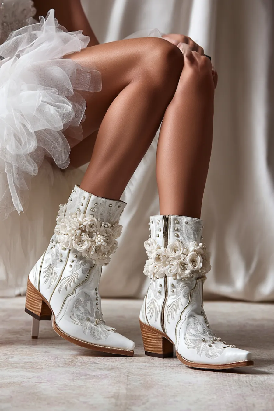 Wedding Shoes for the Bride: 27 Beautiful Ideas That Balance Style and Comfort 28 Bride wearing ivory floral embroidered cowboy boots with pearl details and block heels for a chic western wedding look