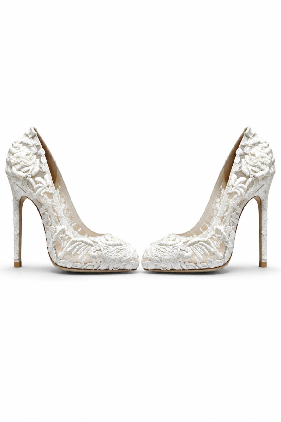 Wedding Shoes for the Bride: 27 Beautiful Ideas That Balance Style and Comfort 3 Pair of ivory lace bridal pumps with floral embroidery and pointed toes displayed on a clean white background for wedding style
