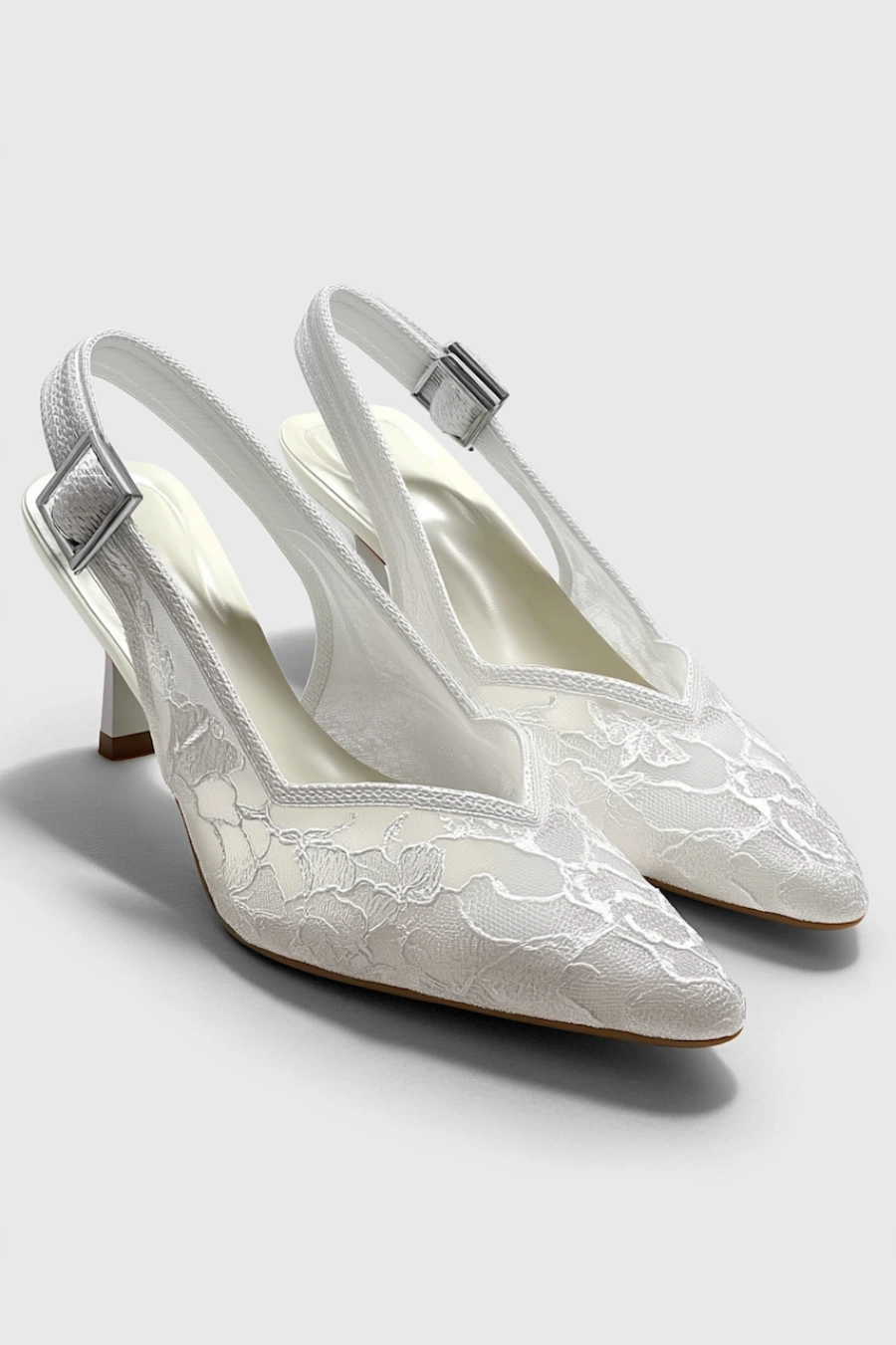 Wedding Shoes for the Bride: 27 Beautiful Ideas That Balance Style and Comfort 4 Ivory lace slingback wedding shoes for the bride with pointed toes, low block heels, and floral embroidery on a clean studio background