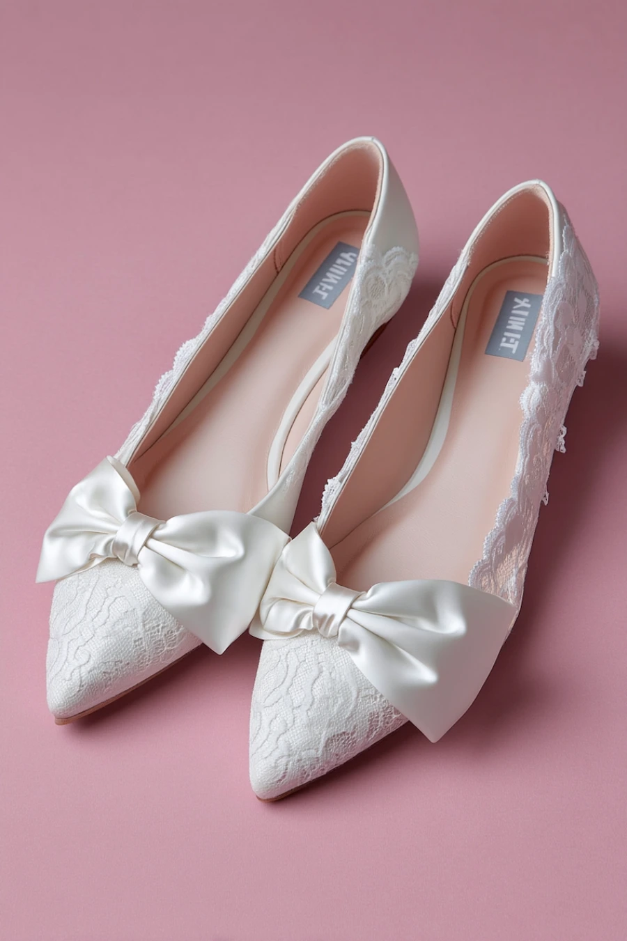 Wedding Shoes for the Bride: 27 Beautiful Ideas That Balance Style and Comfort 17 Ivory lace wedding flats with pointed toes and oversized satin bows displayed on a soft pink background for bridal style