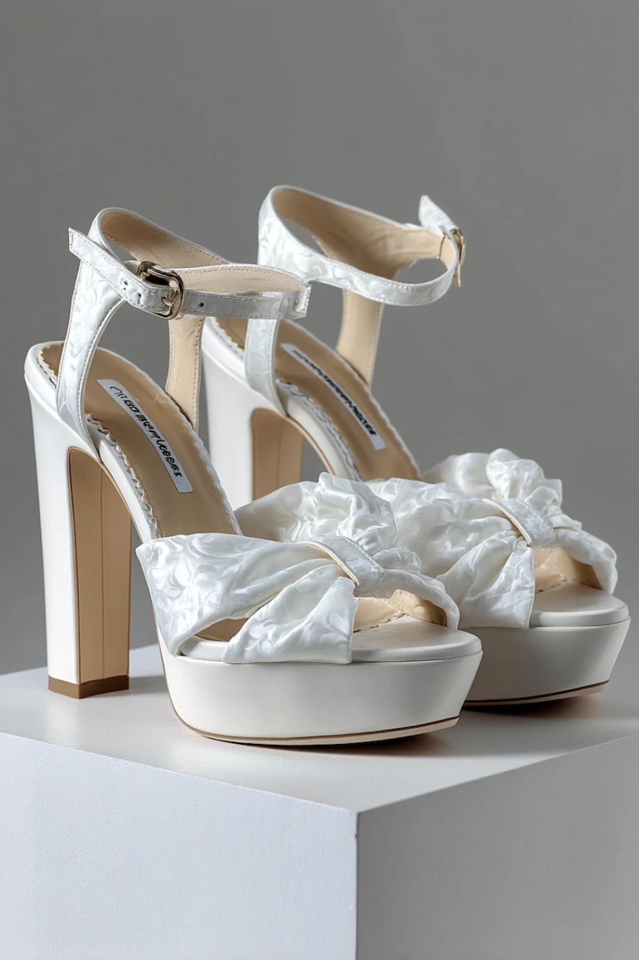 Wedding Shoes for the Bride: 27 Beautiful Ideas That Balance Style and Comfort 13 Ivory platform wedding shoes with oversized satin bows, ankle straps, and block heels displayed on a white pedestal in studio