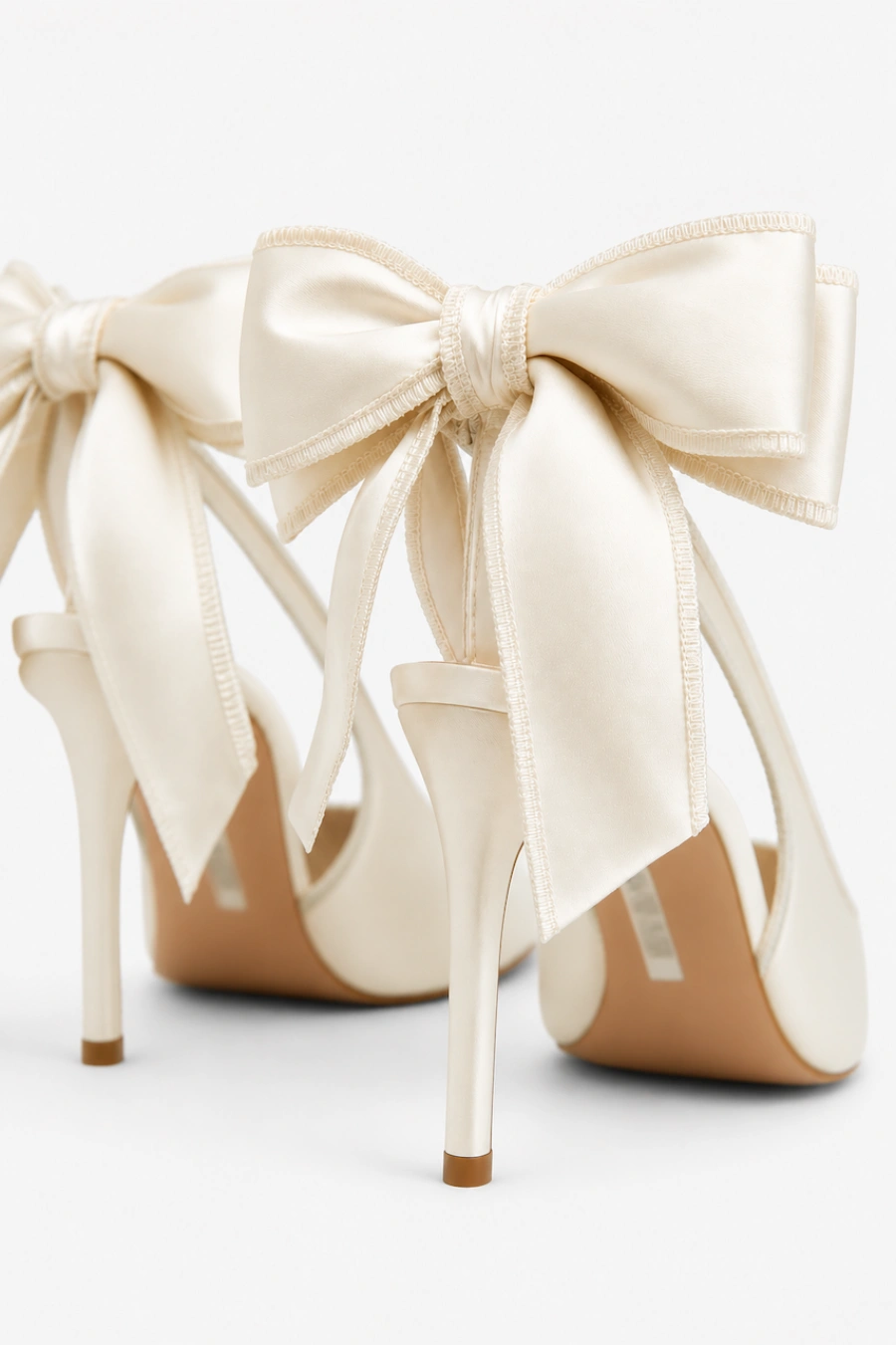Wedding Shoes for the Bride: 27 Beautiful Ideas That Balance Style and Comfort 7 Ivory satin bridal heels with oversized bow backs and slim stiletto heels on a clean white background for elegant wedding style