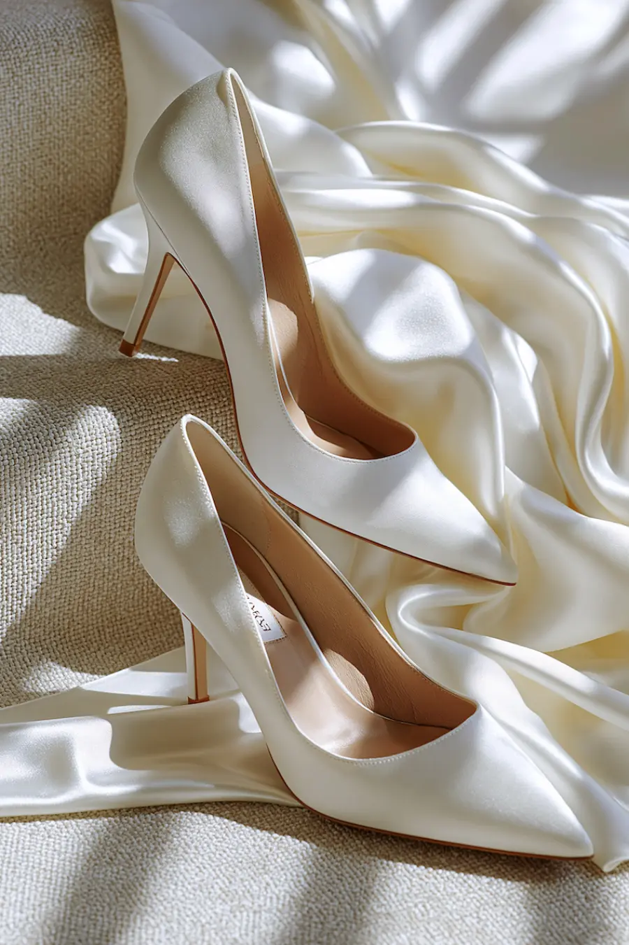 Wedding Shoes for the Bride: 27 Beautiful Ideas That Balance Style and Comfort 2 Elegant ivory satin bridal high heels styled on flowing silk fabric with soft natural light for timeless wedding inspiration