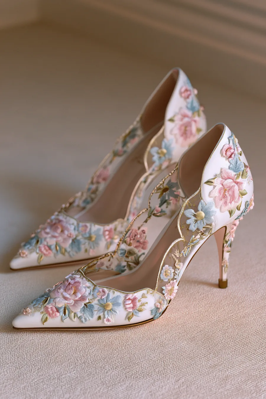 Wedding Shoes for the Bride: 27 Beautiful Ideas That Balance Style and Comfort 23 Ivory wedding heels with pastel floral embroidery, pointed toes, and scalloped edges for a romantic bridal look