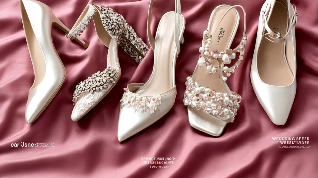 Collection of ivory wedding shoes including satin pumps, crystal heels, pearl sandals, and slingbacks on pink satin fabric