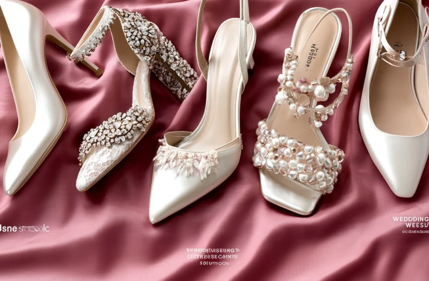 Wedding Advice 2 Collection of ivory wedding shoes including satin pumps, crystal heels, pearl sandals, and slingbacks on pink satin fabric