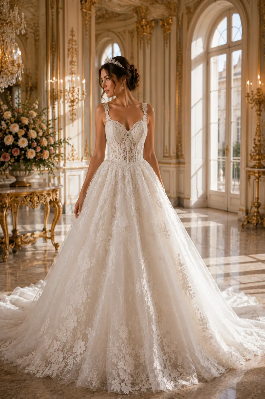 12 Timeless Lace Wedding Dress Styles We Love 9 Bride wearing a lace ball gown wedding dress with floral embroidery in an elegant ballroom with grand windows and chandeliers